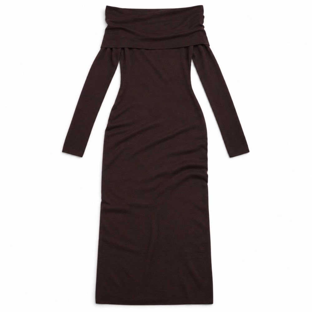Chocolate Brown Off Shoulder Midi Dress S 90s Minimalist Bodycon Knit H&M Bardot